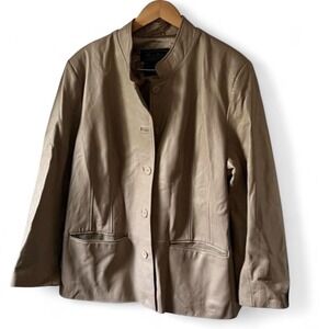 Terry Lewis Vintage Beige Leather Button Up Jacket Mandarin Collar Tan XL